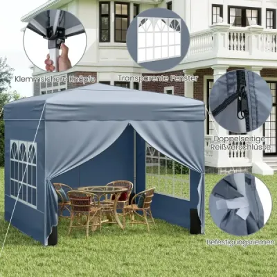 Pavilon 3 x 3 m – skládací pavilon typu „pop-up“ se 4 odnímatelnými bočními stěnami, 3stupňově výškově nastavitelný párty stan, šedý