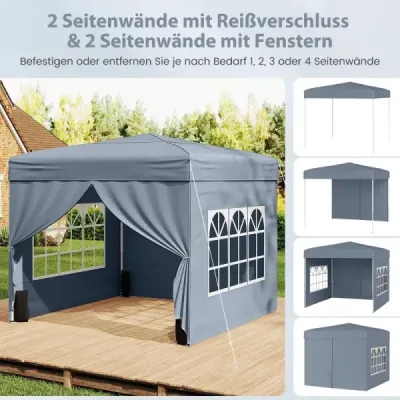 Pavilon 3 x 3 m – skládací pavilon typu „pop-up“ se 4 odnímatelnými bočními stěnami, 3stupňově výškově nastavitelný párty stan, šedý