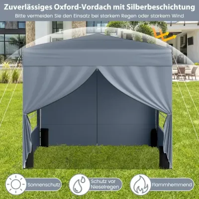 Pavilon 3 x 3 m – skládací pavilon typu „pop-up“ se 4 odnímatelnými bočními stěnami, 3stupňově výškově nastavitelný párty stan, šedý