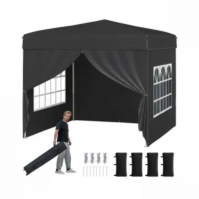 Pavilon 3 x 3 m – skládací pavilon typu „pop-up“ se 4 odnímatelnými bočními stěnami, 3stupňově výškově nastavitelný párty stan, černý