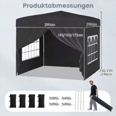 Pavilon 3 x 3 m – skládací pavilon typu „pop-up“ se 4 odnímatelnými bočními stěnami, 3stupňově výškově nastavitelný párty stan, černý