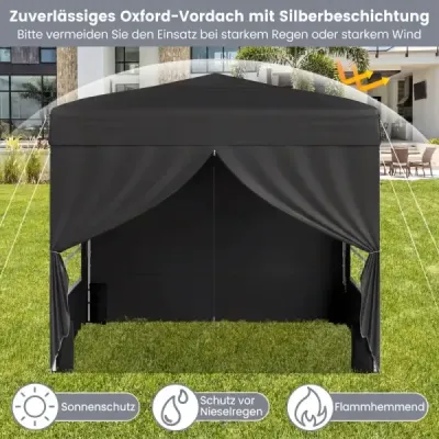 Pavilon 3 x 3 m – skládací pavilon typu „pop-up“ se 4 odnímatelnými bočními stěnami, 3stupňově výškově nastavitelný párty stan, černý