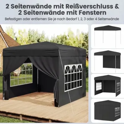 Pavilon 3 x 3 m – skládací pavilon typu „pop-up“ se 4 odnímatelnými bočními stěnami, 3stupňově výškově nastavitelný párty stan, černý
