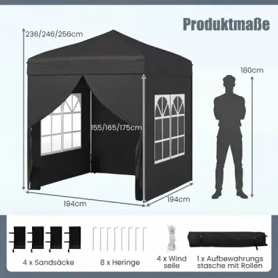 Skládací zahradní altán 2 x 2 m s odnímatelnými bočními stěnami, černý