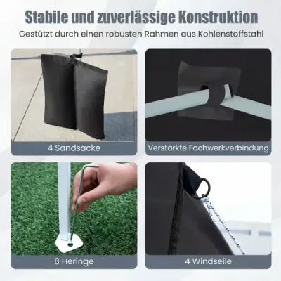 Skládací zahradní altán 2 x 2 m s odnímatelnými bočními stěnami, černý