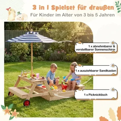 Dětský piknikový stůl s pískovištěm a slunečníkem – dřevěný dětský stůl s odnímatelnou deskou