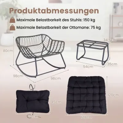 Houpací křeslo se stoličkou Houpací křeslo z PE ratanu a kovového rámu, ergonomické relaxační křeslo, černé