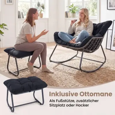 Houpací křeslo se stoličkou Houpací křeslo z PE ratanu a kovového rámu, ergonomické relaxační křeslo, černé