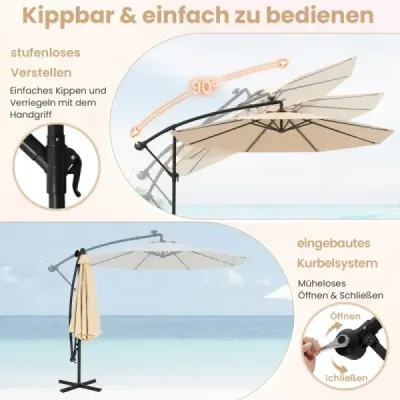 Slunečník ve tvaru semaforu o průměru 350 cm se 40 solárními LED světly, pískovými vaky, klikou a UV ochranou, béžový