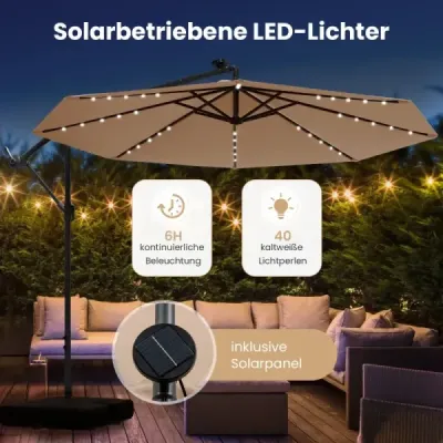 Slunečník ve tvaru semaforu o průměru 350 cm se 40 solárními LED světly, pískovými vaky, klikou a UV ochranou, béžový