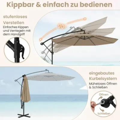 Slunečník ve tvaru semaforu o průměru 350 cm se 40 solárními LED světly, pískovými vaky, klikou a UV ochranou, hnědý