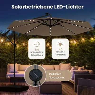 Slunečník ve tvaru semaforu o průměru 350 cm se 40 solárními LED světly, pískovými vaky, klikou a UV ochranou, hnědý