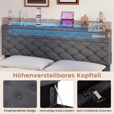 Rám manželské postele s LED osvětlením a USB porty. Moderní postel s platformou 140 x 200 cm, šedá.