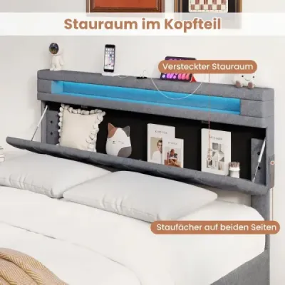 Rám manželské postele s LED osvětlením a USB porty. Moderní postel s platformou 140 x 200 cm, šedá.