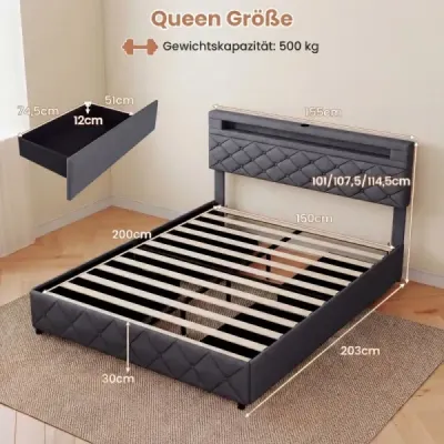 Čalouněná postel 160 x 200 cm s LED osvětlením, nabíjecí stanicí (2 USB porty), rámem pro manželskou postel se zásuvkami, šedá