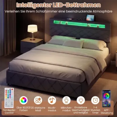 Čalouněná postel 160 x 200 cm s LED osvětlením, nabíjecí stanicí (2 USB porty), rámem pro manželskou postel se zásuvkami, šedá