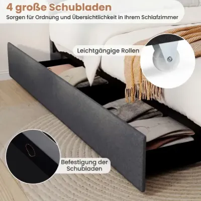 Čalouněná postel 160 x 200 cm s LED osvětlením, nabíjecí stanicí (2 USB porty), rámem pro manželskou postel se zásuvkami, šedá