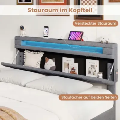 Čalouněná postel 160 x 200 cm s LED osvětlením, nabíjecí stanicí (2 USB porty), rámem pro manželskou postel se zásuvkami, šedá