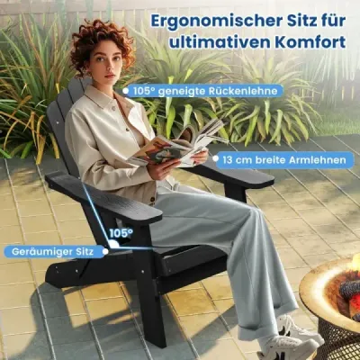 Sada 2 ks skládacích židlí Adirondack z plastu, odolných proti povětrnostním vlivům, černé