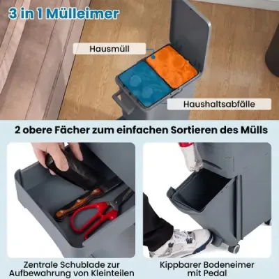 Multifunkční odpadkový koš do kuchyně s výklopným vnitřním košem, šedý