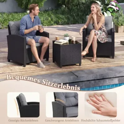 3dílná sada ratanového zahradního nábytku na balkon se 2 židlemi a odkládacím stolkem se skleněnou deskou, šedá