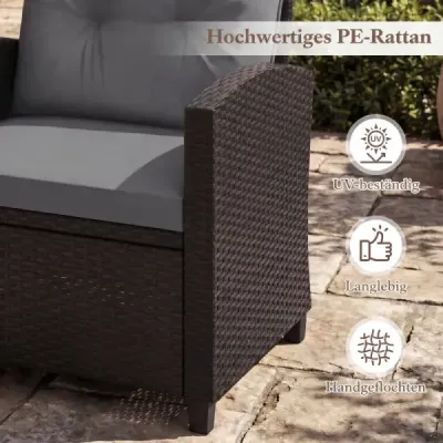 3dílná sada ratanového zahradního nábytku na balkon se 2 židlemi a odkládacím stolkem se skleněnou deskou, šedá