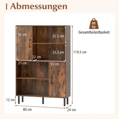 Kuchyňská skříňka s 4 otevřenými přihrádkami a 2 skříňkami s dvířky, hnědá