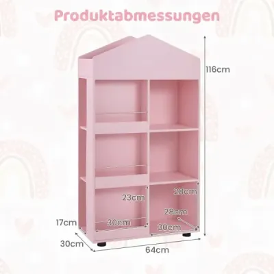 Dětská police Montessori 116 cm – dřevěná knihovna a úložný prostor na hračky, růžová