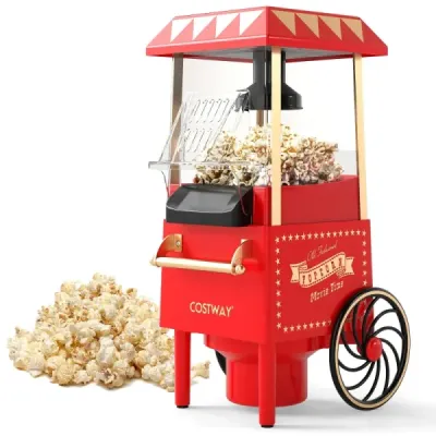 Retro stroj na popcorn 1200 W, horkovzdušný přístroj na popcorn s odměrkou 67 ml, bez oleje, červený