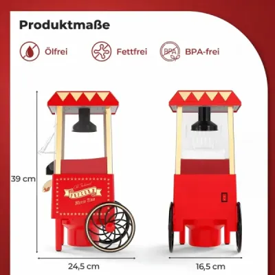 Retro stroj na popcorn 1200 W, horkovzdušný přístroj na popcorn s odměrkou 67 ml, bez oleje, červený