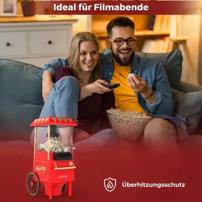Retro stroj na popcorn 1200 W, horkovzdušný přístroj na popcorn s odměrkou 67 ml, bez oleje, červený