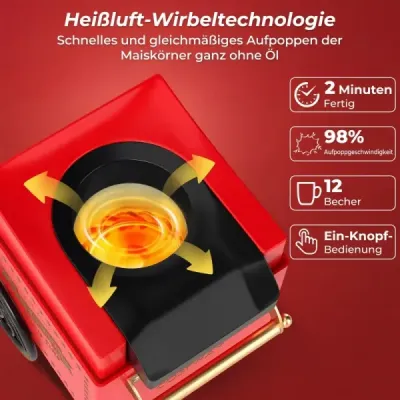 Retro stroj na popcorn 1200 W, horkovzdušný přístroj na popcorn s odměrkou 67 ml, bez oleje, červený