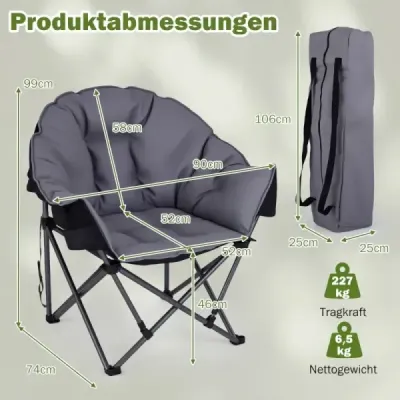 Skládací kempingová židle do 227 kg, polstrovaná, s područkami, držáky na nápoje, přenosná taška, šedá