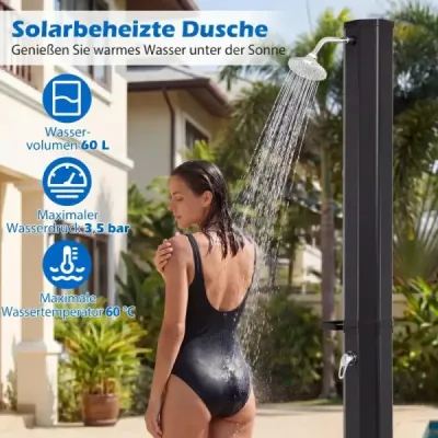 60l solární sprcha včetně krytu, zahradní sprcha s odkládací plochou, teplá voda, sprcha k bazénu, černá