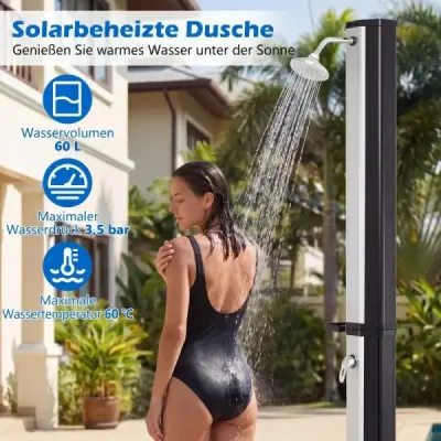 60l solární sprcha včetně krytu, zahradní sprcha s odkládací plochou, teplá voda, sprcha k bazénu, černá + stříbrná