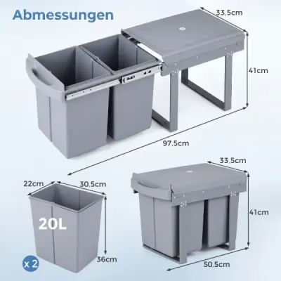 Kuchyňský odpadkový koš se 2 přihrádkami, výsuvný kuchyňský odpadkový koš s ABS víkem, systém třídění odpadu, šedý