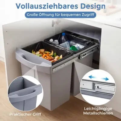 Kuchyňský odpadkový koš se 2 přihrádkami, výsuvný kuchyňský odpadkový koš s ABS víkem, systém třídění odpadu, šedý