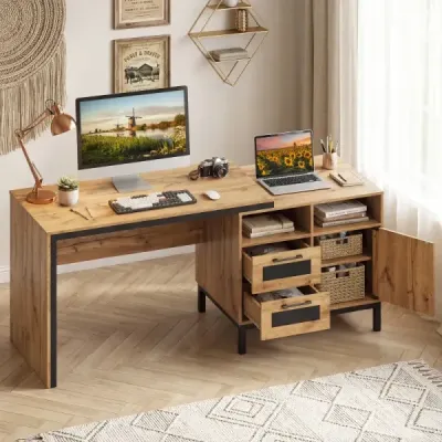 Počítačový stůl ze dřeva s 2 otevřenými přihrádkami, 2 zásuvkami a jednodveřovou skříňkou, rozměry 181 x 60 x 76 cm