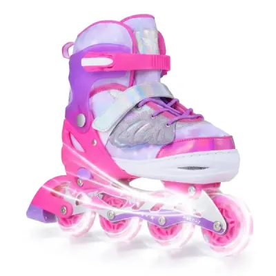 Dětské inline brusle, 4 velikosti, nastavitelné, s světelnými kolečky, růžové, velikost L