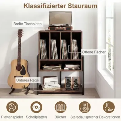 Stojan na gramofon s širokou deskou a 4 přepážkami, stolek na vinylové desky, hnědý