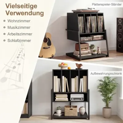 Stojan na gramofon s širokou deskou a 4 přepážkami, stolek na vinylové desky, černý