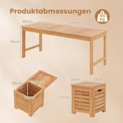 Dřevěná zahradní lavice se 3 úložnými boxy, dvoumístná balkonová lavice bez opěradla, dřevěná lavice