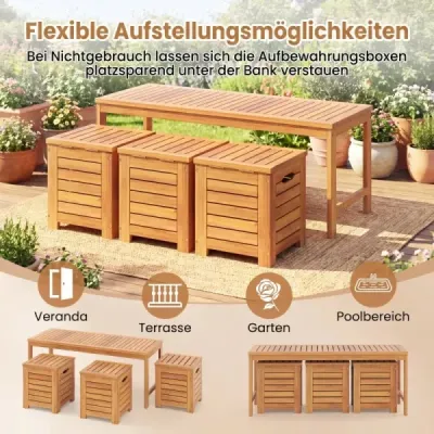 Dřevěná zahradní lavice se 3 úložnými boxy, dvoumístná balkonová lavice bez opěradla, dřevěná lavice