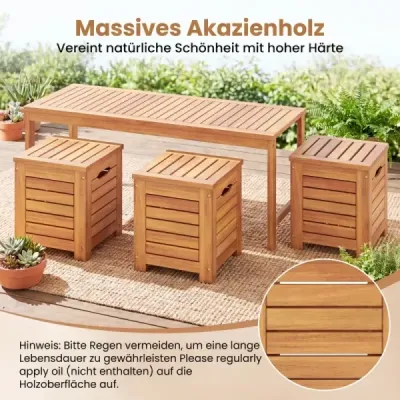 Dřevěná zahradní lavice se 3 úložnými boxy, dvoumístná balkonová lavice bez opěradla, dřevěná lavice
