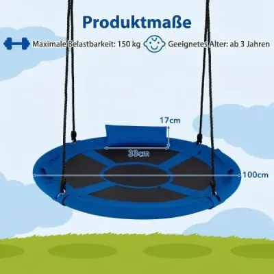 Houpačka hnízdo Ø100 cm s polštářem a rukojeťmi, dětská houpačka s lanem s nastavitelnou výškou 100–180 cm, modrá