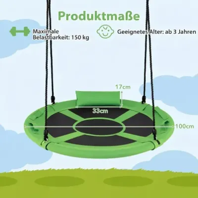 Houpačka ve tvaru hnízda o průměru 100 cm s polštářem a madly, dětská houpačka s lanem, výška nastavitelná v rozmezí 100–180 cm, zelená