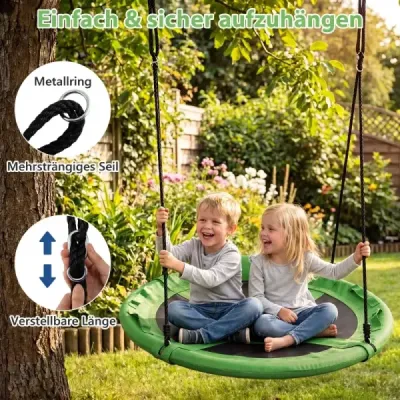 Houpačka ve tvaru hnízda o průměru 100 cm s polštářem a madly, dětská houpačka s lanem, výška nastavitelná v rozmezí 100–180 cm, zelená