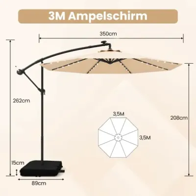 Slunečník ve tvaru semaforu o průměru 350 cm se 40 solárními LED světly, pískovými vaky, klikou a UV ochranou, béžový