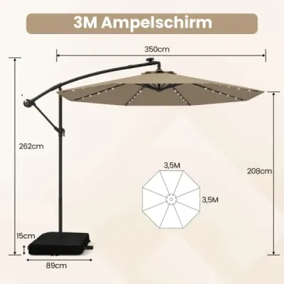 Slunečník ve tvaru semaforu o průměru 350 cm se 40 solárními LED světly, pískovými vaky, klikou a UV ochranou, hnědý