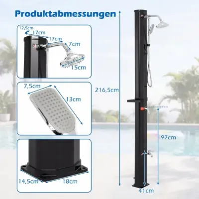 Podlahový prvek pro solární sprchu WPC + 35l solární sprcha s ruční sprchou včetně krytu – sada